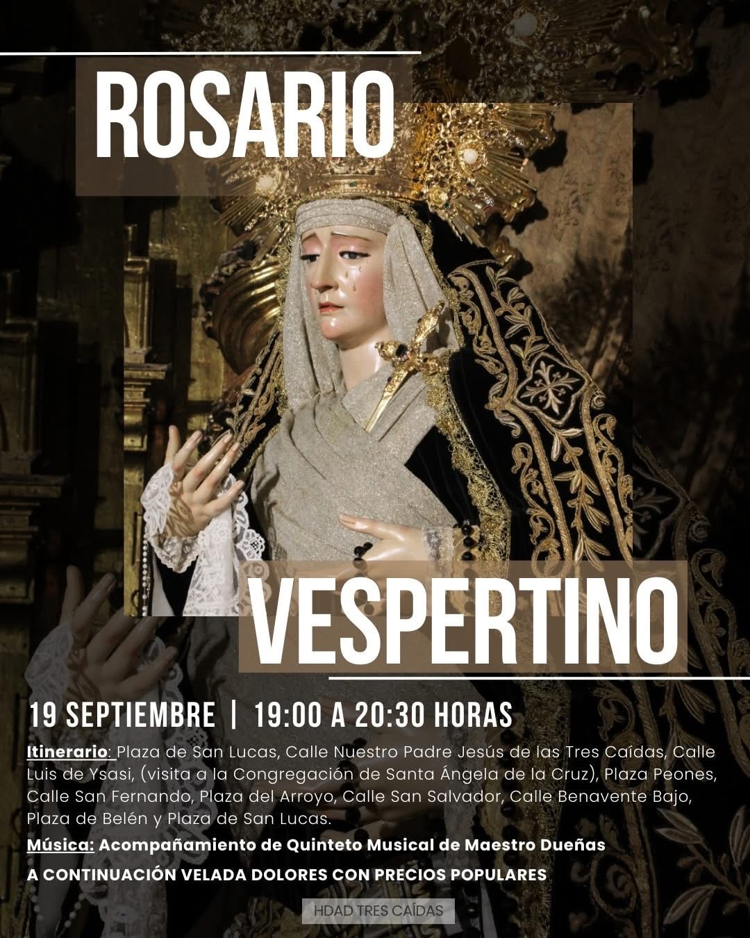 La Hermandad de las Tres Caídas celebrará el Rosario Vespertino el 19 de septiembre