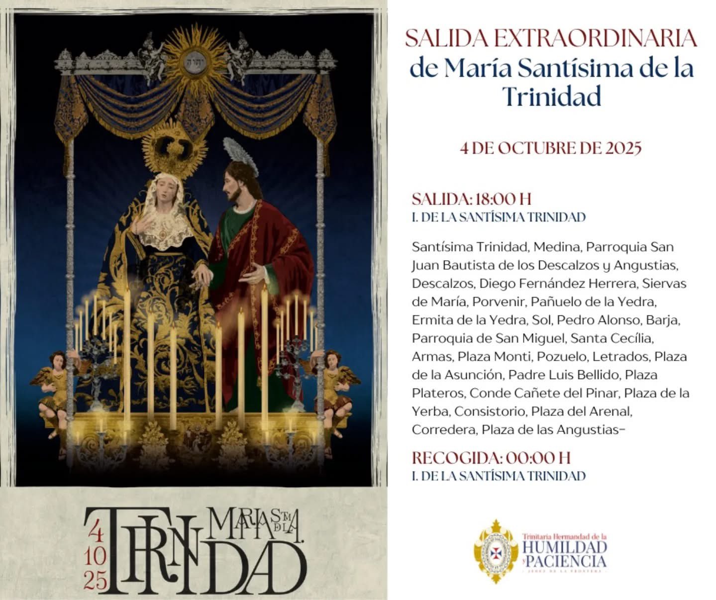 María Santísima de la Trinidad protagonizará una salida extraordinaria el próximo 4 de octubre